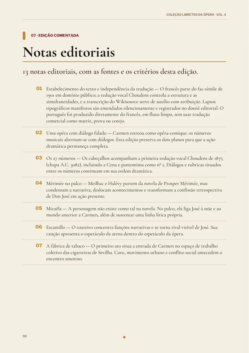 Notas editoriais na edição de Carmen.