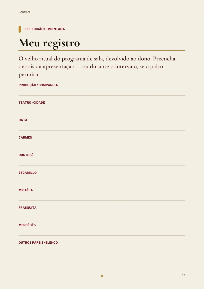 Registro pessoal preenchível na edição de Carmen.