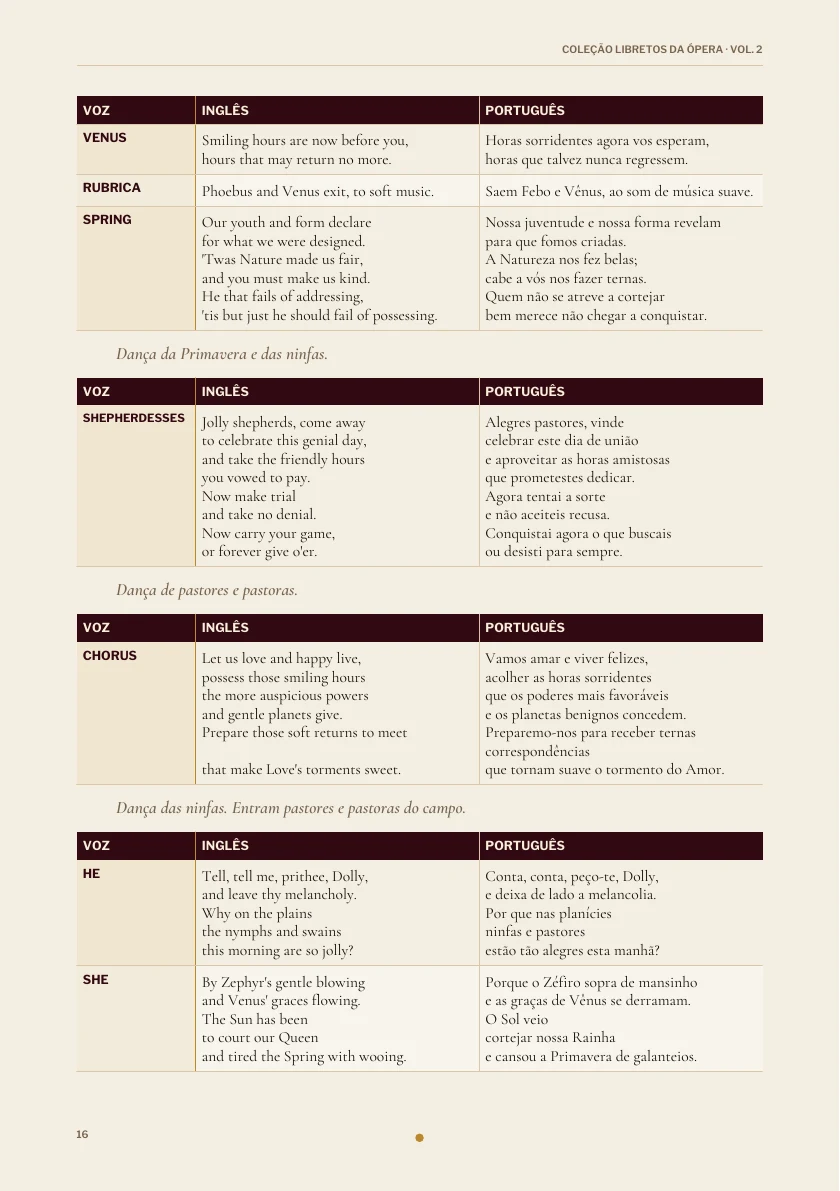 Original e tradução lado a lado na edição de Dido and Aeneas.