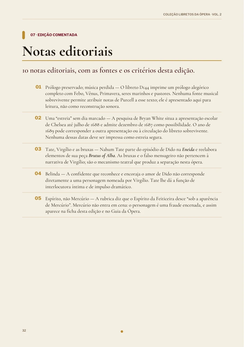 Notas editoriais na edição de Dido and Aeneas.