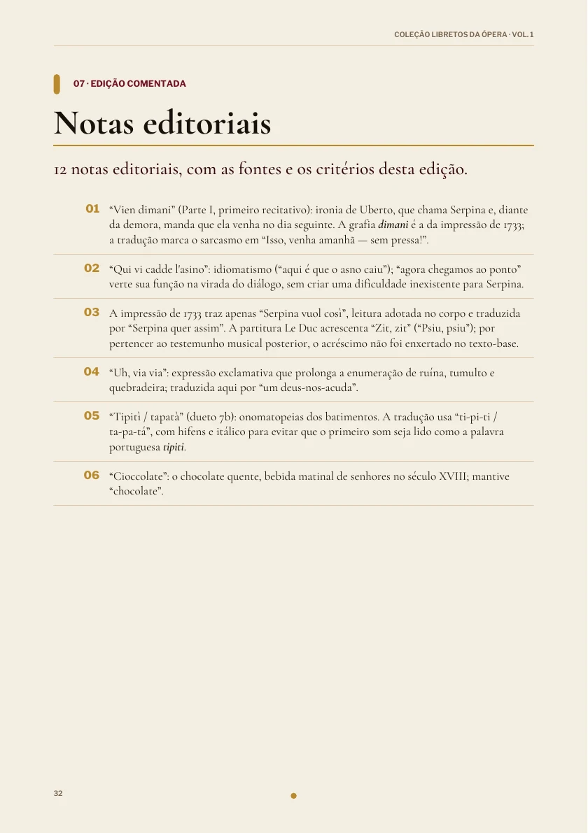 Notas editoriais na edição de La serva padrona.