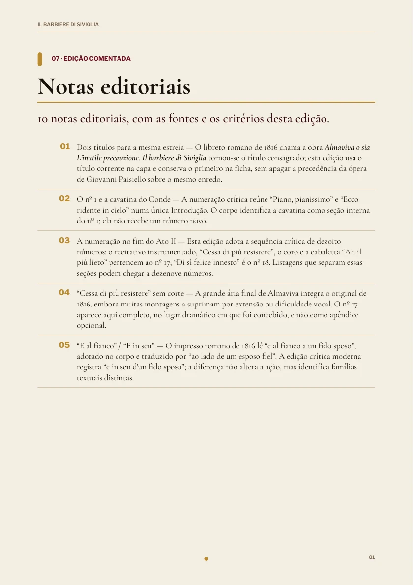 Notas editoriais na edição de Il barbiere di Siviglia.