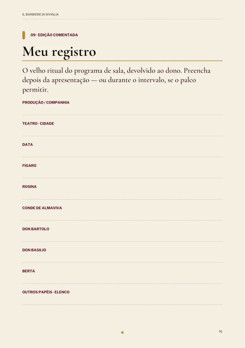 Registro pessoal preenchível na edição de Il barbiere di Siviglia.