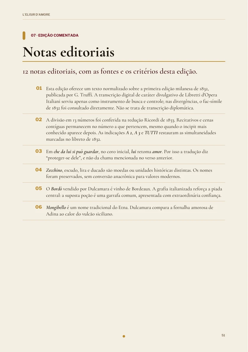 Notas editoriais na edição de L'Elisir d'Amore.