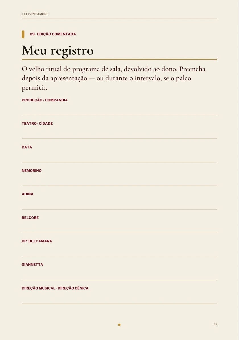 Registro pessoal preenchível na edição de L'Elisir d'Amore.