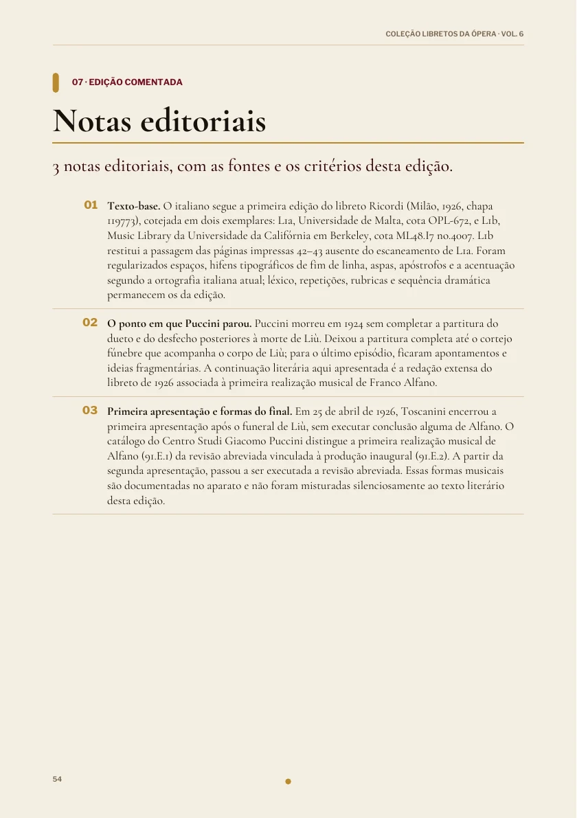 Notas editoriais na edição de Turandot.